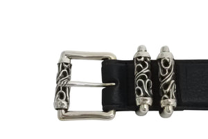 未使用 CHROME HEARTS クロムハーツ 3ピース ローラーベルト サイズ38 レザー シルバ−925 ブラック 中古 4b002297 