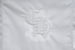 新品未使用 CHROME HEARTS クロムハーツ オープンカラーシャツ 開襟シャツ サイズS CH刺繍 ロゴボタン ホワイト 中古 4b002301