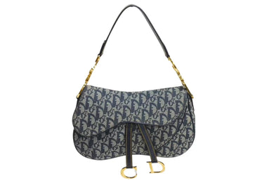 極美品 ChristianDior クリスチャンディオール トロッター ダブルサドルバッグ キャンバス レザー ネイビー ゴールド 中古 4b002307