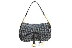 極美品 ChristianDior クリスチャンディオール トロッター ダブルサドルバッグ キャンバス レザー ネイビー ゴールド 中古 4b002307