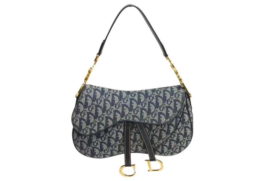 極美品 ChristianDior クリスチャンディオール トロッター ダブルサドルバッグ キャンバス レザー ネイビー ゴールド 中古 4b002307
