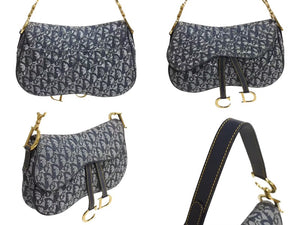 極美品 ChristianDior クリスチャンディオール トロッター ダブルサドルバッグ キャンバス レザー ネイビー ゴールド 中古 4b002307