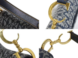 極美品 ChristianDior クリスチャンディオール トロッター ダブルサドルバッグ キャンバス レザー ネイビー ゴールド 中古 4b002307