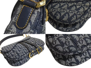 極美品 ChristianDior クリスチャンディオール トロッター ダブルサドルバッグ キャンバス レザー ネイビー ゴールド 中古 4b002307