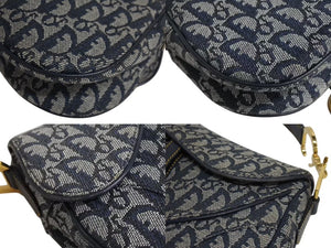 極美品 ChristianDior クリスチャンディオール トロッター ダブルサドルバッグ キャンバス レザー ネイビー ゴールド 中古 4b002307