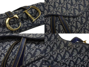 極美品 ChristianDior クリスチャンディオール トロッター ダブルサドルバッグ キャンバス レザー ネイビー ゴールド 中古 4b002307