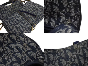 極美品 ChristianDior クリスチャンディオール トロッター ダブルサドルバッグ キャンバス レザー ネイビー ゴールド 中古 4b002307