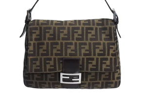 極美品 FENDI フェンディ マンマバケット ワンショルダーバッグ 26725 ズッカ柄 キャンバス レザー ブラウン 中古 4b002310