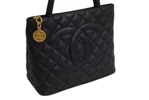 極美品 CHANEL シャネル 復刻トートバッグ ハンドバッグ ココマーク ロゴ 鞄 7番台 キャビアスキン ブラック ゴールド金具 中古 4b002324