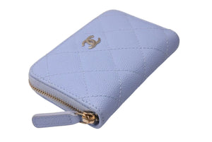 極美品 CHANEL シャネル ジップコインケース 小銭入れ AP0216 キャビアスキン ライトブルー ゴールド金具 中古 4b002337