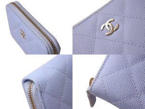 極美品 CHANEL シャネル ジップコインケース 小銭入れ AP0216 キャビアスキン ライトブルー ゴールド金具 中古 4b002337