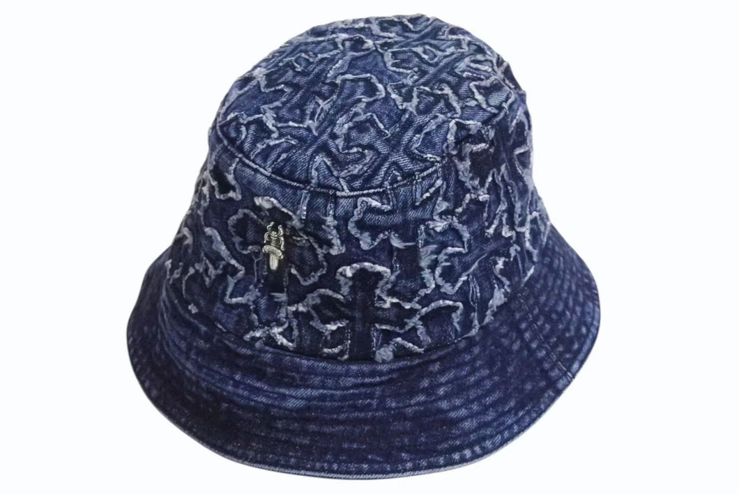 極美品 CHROME HEARTS クロムハーツ ダガー クロスパッチ デニム バケットハット U-CHUM-FBRC 帽子 インディゴ サイズS 中古 4b002357 