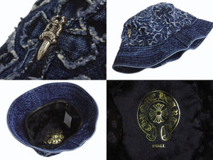 極美品 CHROME HEARTS クロムハーツ ダガー クロスパッチ デニム バケットハット U-CHUM-FBRC 帽子 インディゴ サイズS 中古 4b002357 