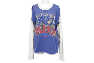 TRUNK SHOW トランクショー KISS 長袖Ｔシャツ ブルー ホワイト バンTシャツ リバイバルプリント シーム コットン 美品 中古 4b002360 