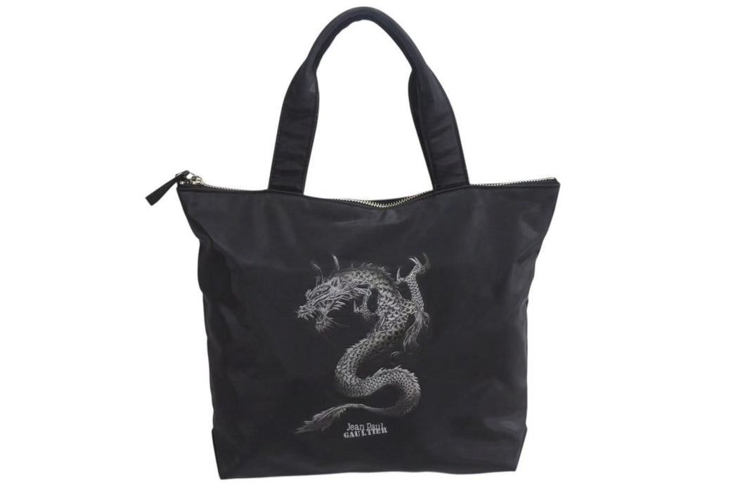 Jean Paul Gaultier ジャンポールゴルチェ ハンドバッグ ドラゴン タトゥー ブラック グレー ナイロン シルバー金具 龍 良品 中古 4b002366