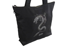 Jean Paul Gaultier ジャンポールゴルチェ ハンドバッグ ドラゴン タトゥー ブラック グレー ナイロン シルバー金具 龍 良品 中古 4b002366