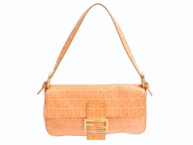 FENDI フェンディ ズッキーノ柄 マンマバケット ワンショルダーバッグ 総柄 エナメル レザー オレンジ ゴールド金具 美品 中古 4b002397