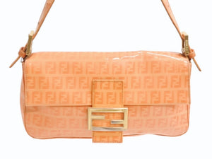 FENDI フェンディ ズッキーノ柄 マンマバケット ワンショルダーバッグ 総柄 エナメル レザー オレンジ ゴールド金具 美品 中古 4b002397