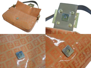 FENDI フェンディ ズッキーノ柄 マンマバケット ワンショルダーバッグ 総柄 エナメル レザー オレンジ ゴールド金具 美品 中古 4b002397