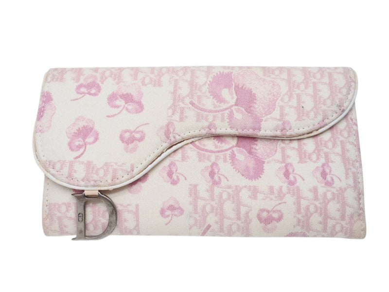 CHRISTIAN DIOR クリスチャン ディオール 長財布 トロッター サドル 花柄 フローリア レザー キャンバス ピンク シルバー金具 良品 中古 4b002432 