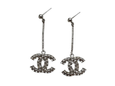 新品未使用 CHANEL シャネル チェーンピアス 重量約11.0g B19V刻印 メタル ラインストーン シルバー クリア 両耳用 ぶら下がり 中古 4c071430