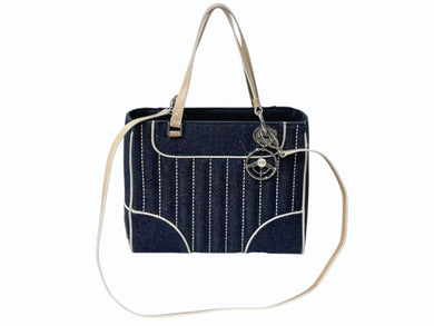 Christian Dior クリスチャンディオール ハンドバッグ MA-1011 デニム インディゴブルー プレート チャーム付き シルバー金具 美品 中古 4b002445