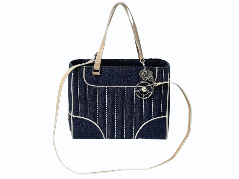 Christian Dior クリスチャンディオール ハンドバッグ MA-1011 デニム インディゴブルー プレート チャーム付き シルバー金具 美品 中古 4b002445