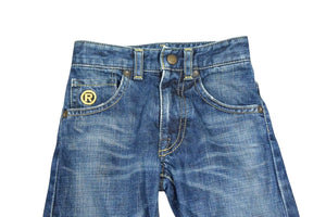 BAPE KIDS ベイプキッズ デニムストレートパンツ 100サイズ ロゴプリント ダークブルー ホワイト コットン 美品 中古 4b002461