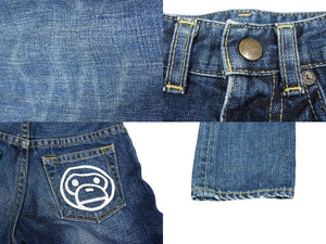 BAPE KIDS ベイプキッズ デニムストレートパンツ 100サイズ ロゴプリント ダークブルー ホワイト コットン 美品 中古 4b002461
