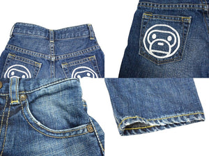 BAPE KIDS ベイプキッズ デニムストレートパンツ 100サイズ ロゴプリント ダークブルー ホワイト コットン 美品 中古 4b002461