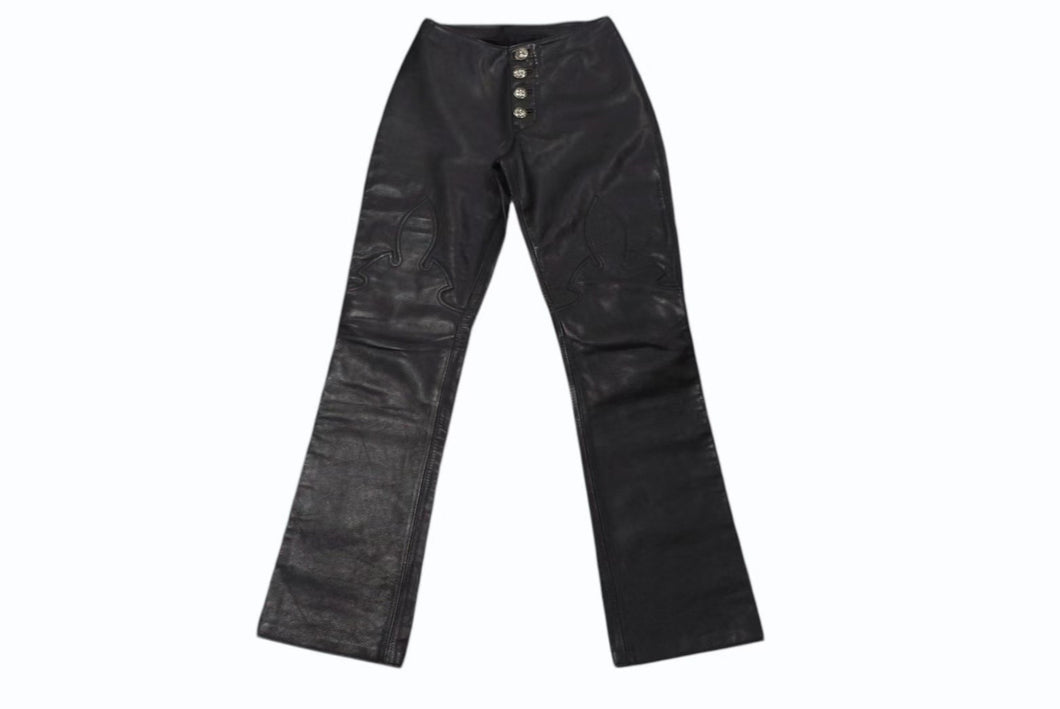 極美品 CHROME HEARTS クロムハーツ BSフレア レザーパンツ クロスボール サイズ25R レザー シルバー925 中古 4b002464 