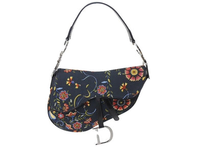 極美品 CHRISTIAN DIOR クリスチャンディオール サドルバッグ RU0052 キャンバス レザー ブラック マルチカラー シルバー金具 中古 4b002552
