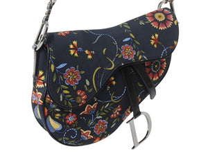 極美品 CHRISTIAN DIOR クリスチャンディオール サドルバッグ RU0052 キャンバス レザー ブラック マルチカラー シルバー金具 中古 4b002552