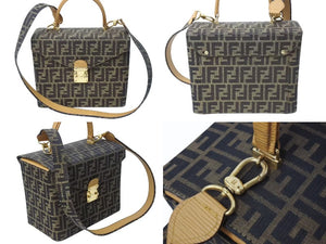 FENDI フェンディ バニティバッグ ショルダーバッグ 2WAY ズッカ柄 キャンバス レザー ブラウン ゴールド金具 美品 中古 4b002554 