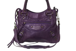 BALENCIAGA バレンシアガ ザシティ ハンドバッグ 132116 パープル レザー アンティークゴールド金具 良品 中古 4b002558