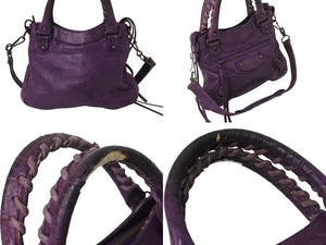 BALENCIAGA バレンシアガ ザシティ ハンドバッグ 132116 パープル レザー アンティークゴールド金具 良品 中古 4b002558