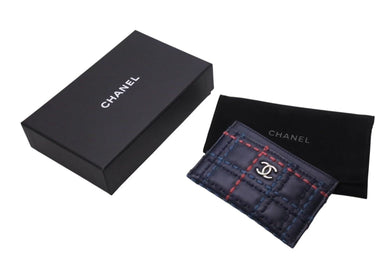極美品 CHANEL シャネル ワイルドステッチカードケース 26番台 ココマーク レザー ネイビー マルチカラー 中古 4b002579