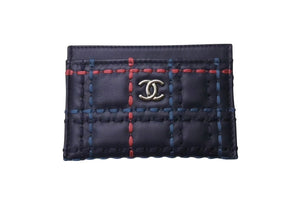 極美品 CHANEL シャネル ワイルドステッチカードケース 26番台 ココマーク レザー ネイビー マルチカラー 中古 4b002579