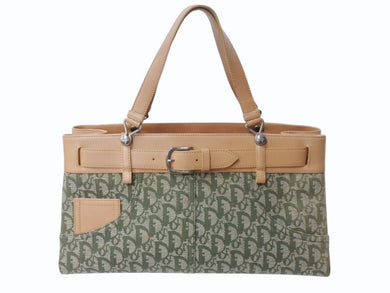ChristianDior クリスチャンディオール トロッター ハンドバッグ BM0081 コットンキャンバス グリーン ベージュ 美品 中古 4b002589