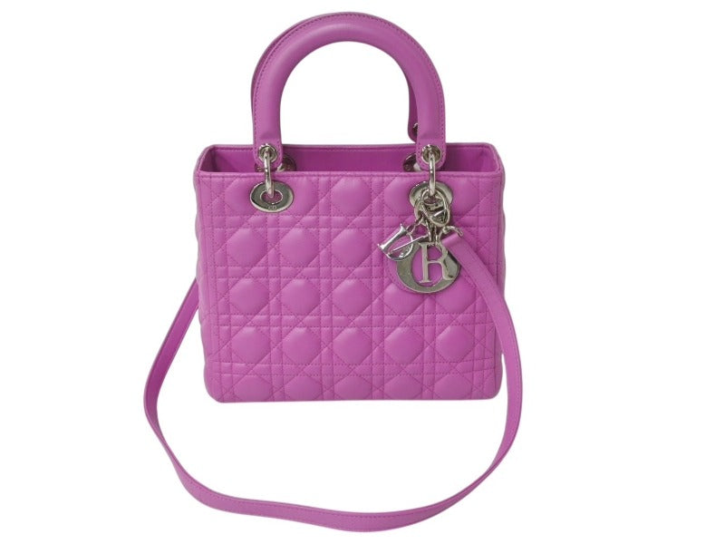 CHRISTIAN DIOR クリスチャンディオール レディディオール ミディアム 2WAY ハンドバッグ カナージュ パープル シルバー 美品 中古 4b002632