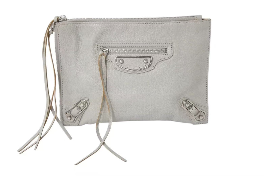 BALENCIAGA バレンシアガ メタルエッジ クラッチバッグ 390174 グレー レザー シルバー金具 手持ち ポーチ 美品 中古 4b002642