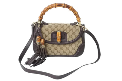 GUCCI グッチ ハンドバッグ ベージュ ブラウン バンブー GGスプリームキャンバス 254884 ゴールド金具 美品 中古 4b002673
