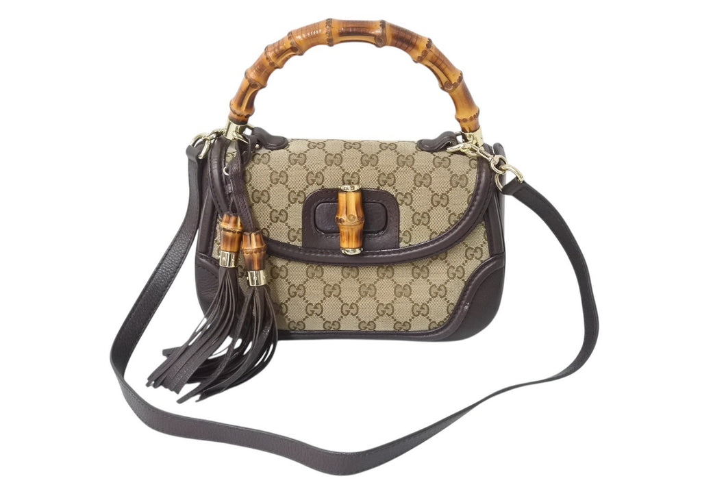 GUCCI グッチ ハンドバッグ ベージュ ブラウン バンブー GGスプリームキャンバス 254884 ゴールド金具 美品 中古 4b002673