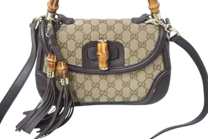 GUCCI グッチ ハンドバッグ ベージュ ブラウン バンブー GGスプリームキャンバス 254884 ゴールド金具 美品 中古 4b002673