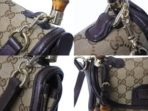 GUCCI グッチ ハンドバッグ ベージュ ブラウン バンブー GGスプリームキャンバス 254884 ゴールド金具 美品 中古 4b002673