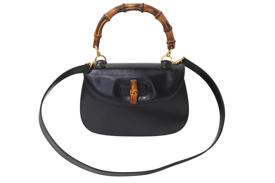 GUCCI グッチ バンブー 2WAY ハンドバッグ 000 1364 0633 カーフスキン ブラック ゴールド金具 ウッド 美品 中古 4b002677