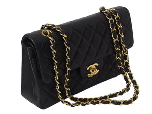 極美品 CHANEL シャネル マトラッセ23 Wフラップ Wチェーンショルダーバッグ 5番台 ラムスキン ココマーク ブラック ゴールド金具 中古 4b002678