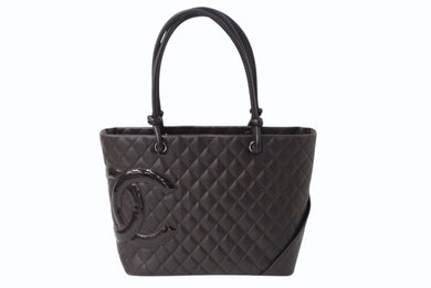 CHANEL シャネル カンボンライン ラージトートバッグ 10番台 A25169 ココマーク カーフスキン パテントレザー ブラウン 美品 中古 4b002692