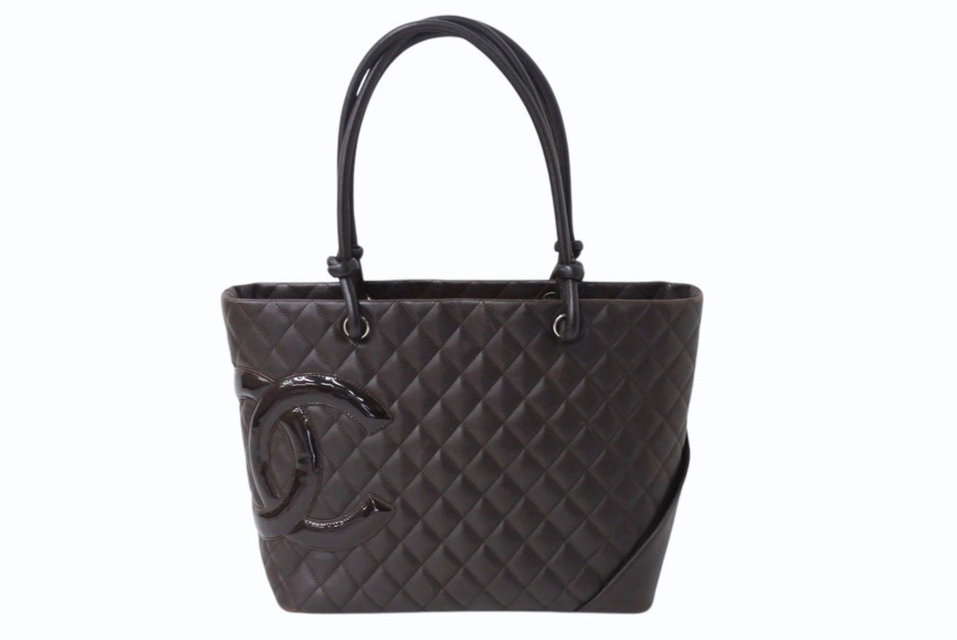 CHANEL シャネル カンボンライン ラージトートバッグ 10番台 A25169 ココマーク カーフスキン パテントレザー ブラウン 美品 中古 4b002692