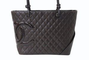 CHANEL シャネル カンボンライン ラージトートバッグ 10番台 A25169 ココマーク カーフスキン パテントレザー ブラウン 美品 中古 4b002692